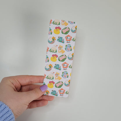 Cute Spring themed animal bookmark featuring a duck, pig, shiba inu, lamb, cat, cow, bunny and frog