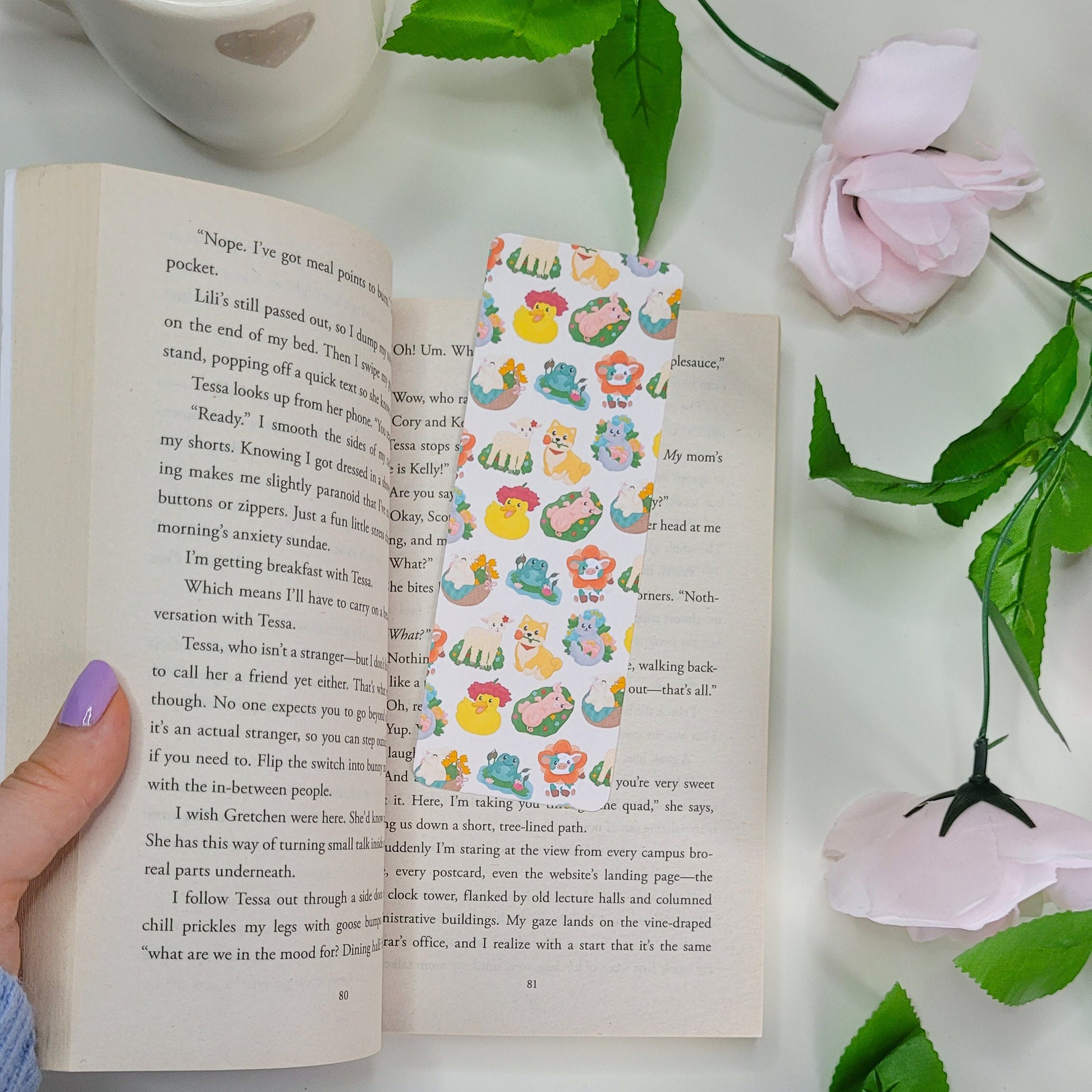 Cute Spring themed animal bookmark featuring a duck, pig, shiba inu, lamb, cat, cow, bunny and frog